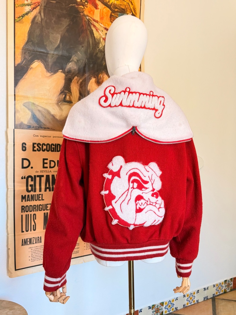Vintage 70s Butwin Swimming Nancy 92 Bulldog Patches Snap Front Jacket Size L